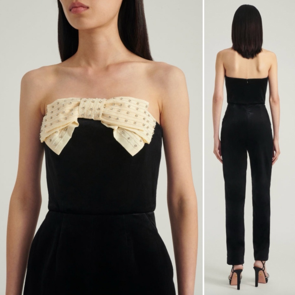 Saloni Sabine Strapless Bow Jumpsuit Black Ivory US 4 NWOT - Picture 10 of 16